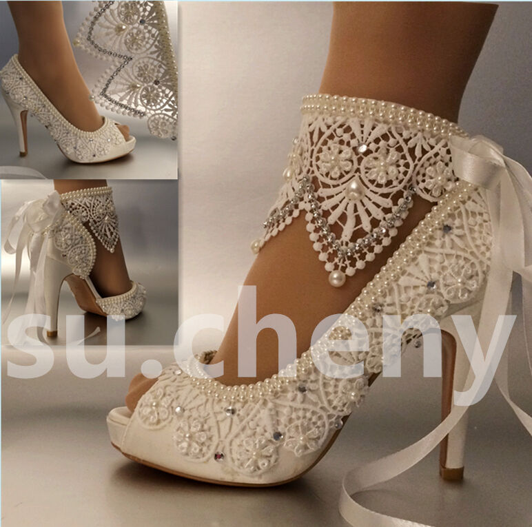 su.cheny 3 4” heel white ivory satin lace ribbon peep toe Wedding Bridal  shoes
